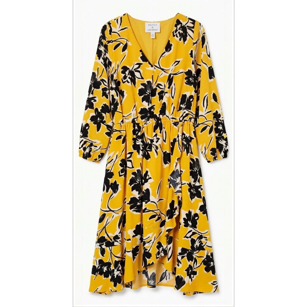 Lane Bryant Beauticurve Dress Womens 14/16 Yellow Rochelle Johnson Floral